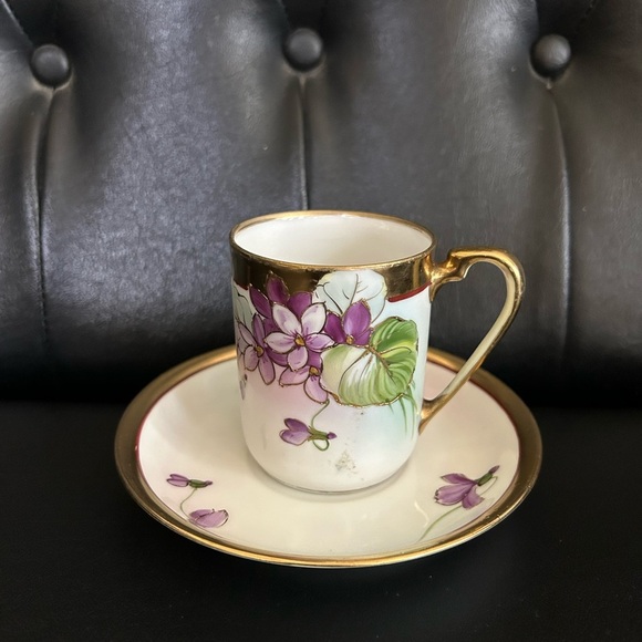 Antique Teacup set. Nippon. Hand Paint. Japan. Used gold trim with purple flower - Picture 1 of 9